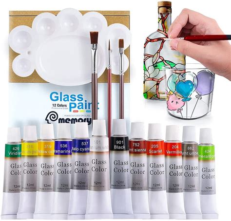 Memory Stain Glass Paint Set With 3 Nylon Brushes 1 Palette 12 Colors 12ml Waterproof Acrylic