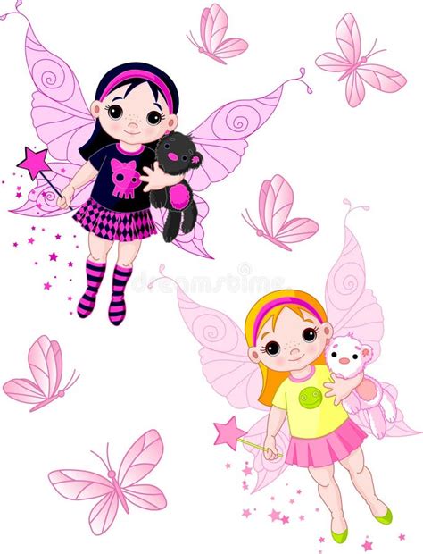 Little Fairies Flying With Butterflies Stock Vector Illustration Of