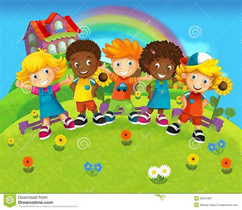 El Grupo De Niños Preescolares Felices Ejemplo Colorido Para Los