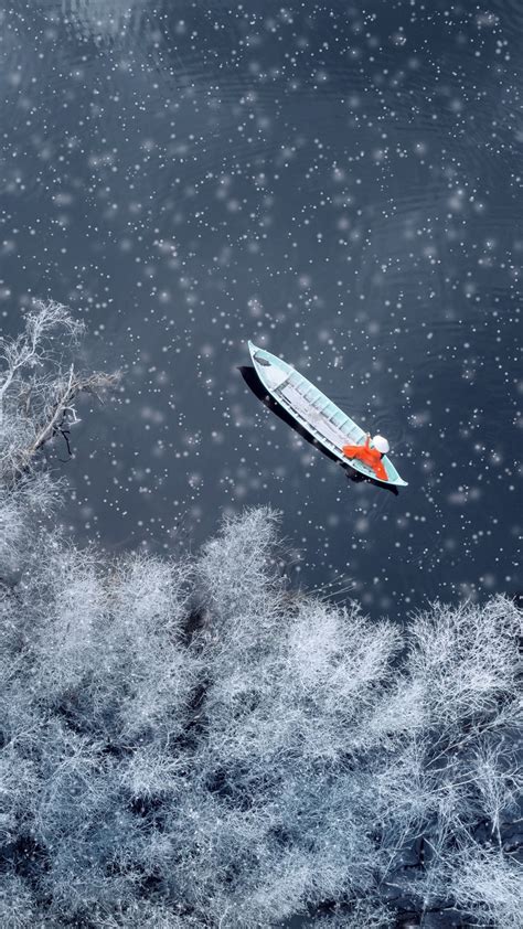 2160x3840 Boat Snow Winter Aerial View Sony Xperia Xxzz5 Premium Hd