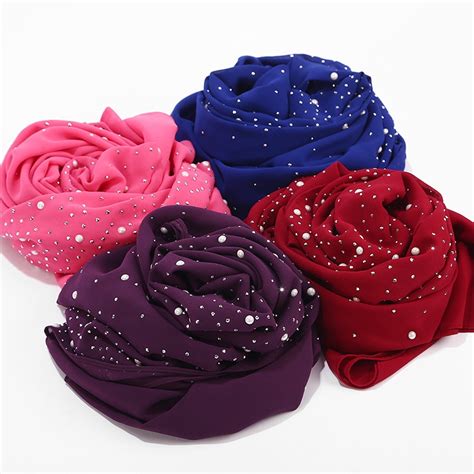 New Women Plain Bubble Chiffon Instant Scarf Hijab Wrap Diamond Beads Stitch Shawl Headwear