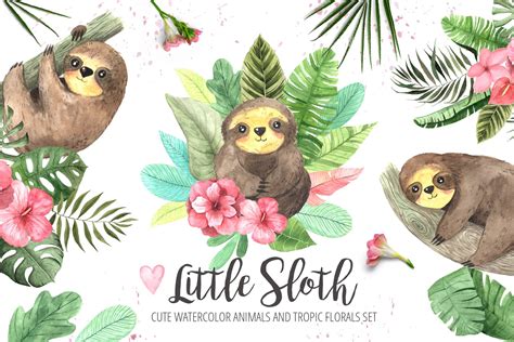 Watercolor Sloth And Tropic Florals 207862 Illustrations Design