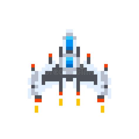 Vintage Spaceship Game Hero In Pixel Art Style On White Stock Vector