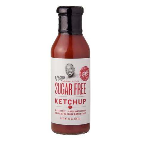 Bottle of heinz no sugar added tomato ketchup. G HUGHES SUGAR FREE KETCHUP 13 OZ BOTTLE