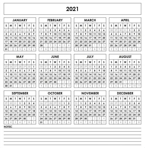 2021 Blank Yearly Calendar Full Page For Adult Free Printable