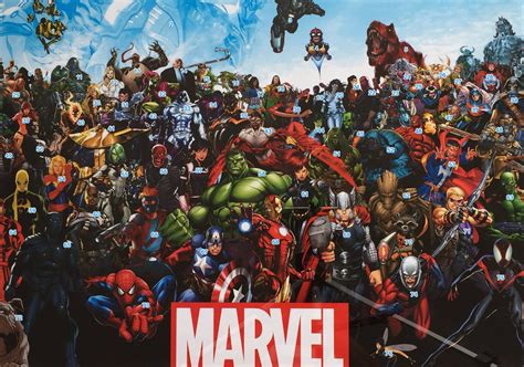 Marvel's avengers' character roster provides a new take on familiar heroes from the superhero franchise. Can you help identify the Marvel characters in this poster? : Marvel