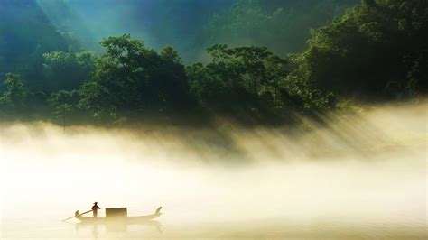 Fisherman On The Misty Lake Hd Nature 4k Wallpapers Images