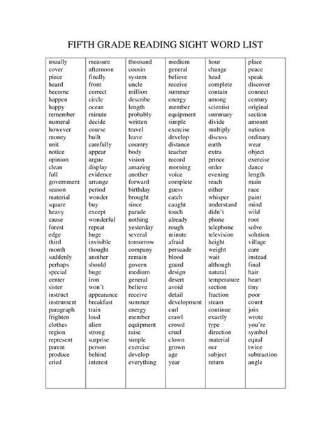 Fifth Grade Reading Sight Word List Sight Word Reading 5th Grade
