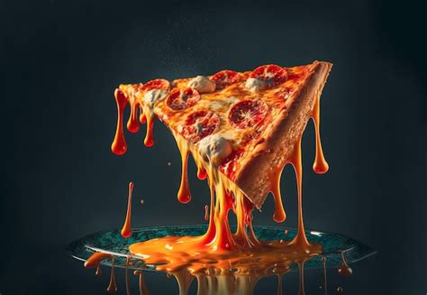Premium Photo Hot Pizza Slice With Melting And Dripping Cheese Generative Ai