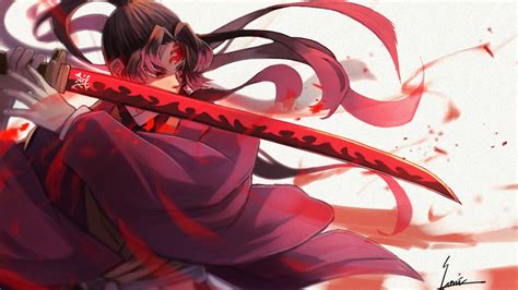 Demon Slayer Yoriichi Tsugikuni On Side With A Red Sword With