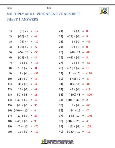 Multiplying Negative Numbers Dividing Worksheet