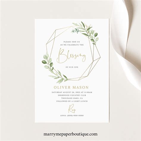 Blessing Ceremony Invitation Card Template Greenery Gold Baby