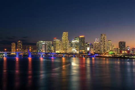 Downtown Miami Skyline And Biscayne Bay At Night Photograph By Miroslav