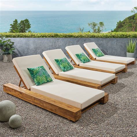 Stella Outdoor Acacia Wood Chaise Lounge And Cushion Sets Set Of 4