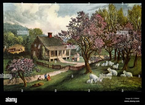 American Homestead Spring Currier And Ives Lithograph 1869 Stock