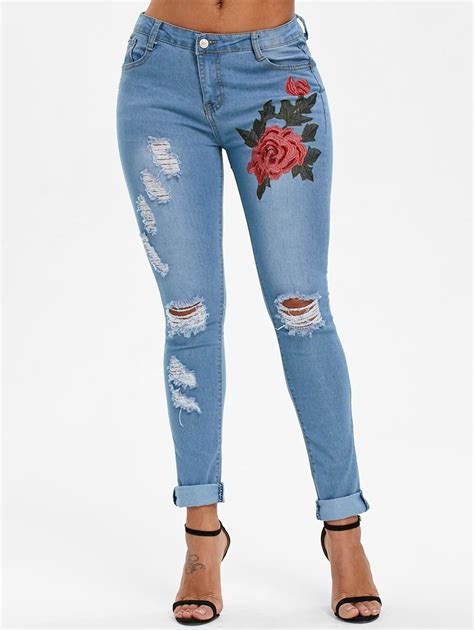 Floral Embroidered Skinny Ripped Jeans Ripped Skinny Jeans Women Denim Jeans Ripped Jeans