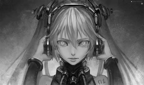 Grayscale Manga Anime Headphones Drawing Girl 2000x1182