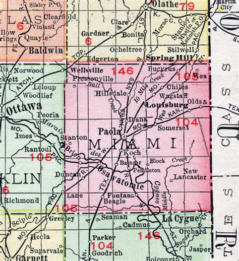Miami County Kansas 1911 Map Paola Osawatomie Louisburg