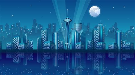 Moonlight Moon Buildings Moon City Water Reflection White Blue