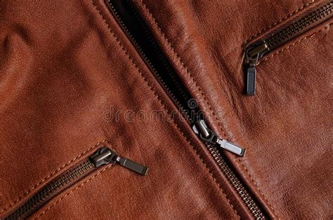 Zippers Of A Brown Leather Jacket Stock Image Image Of Fashion Seam