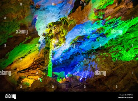 Beautiful Illuminated Multicolored Stalactites In Danzhou Stone Flower