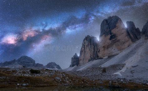 Milky Way Over Mountains At Night In Summer Tre Cime Stock Photo