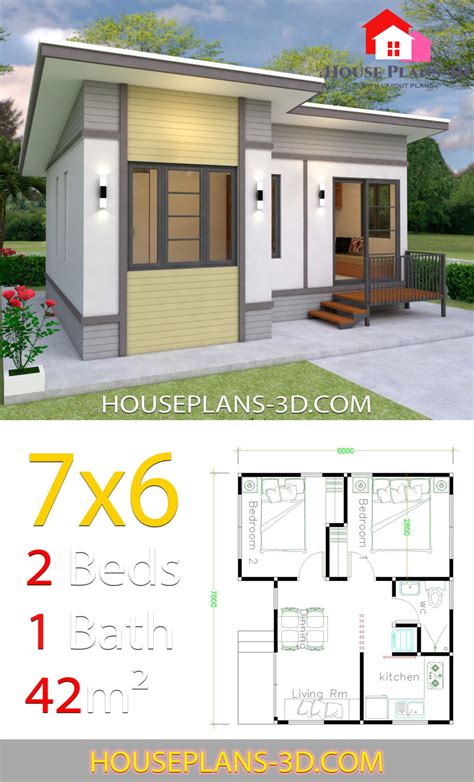 Small House plans 7x6 with 2 Bedrooms - House Plans 3D | Diy house plans, House plans, Small 