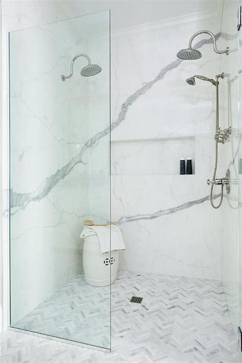 The bathroom is a great place and to append this look and you can do it purely equipped with marble textures around. Marble herringbone shower floor tiles | Bathroom, Marble ...