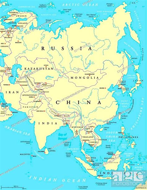 Asia Political Map With Capitals National Borders Rivers And Lakes