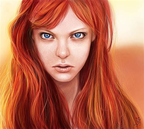 fantasy girl orange long hair beautiful face blue eyes angry face and mobile