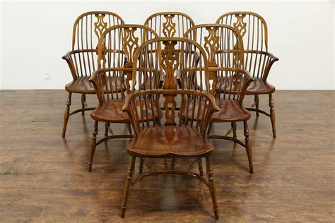 Set Of 6 Vintage Windsor Elm And Oak Dining Chairs With Arms England