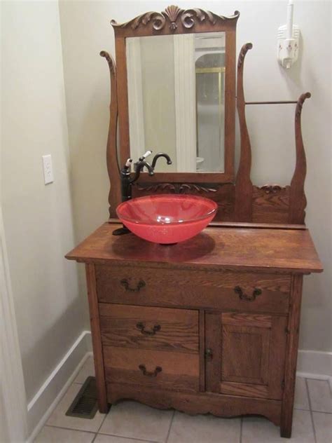 The bathroom is associated with the weekday morning rush, but it doesn't have to be. Antique Wash Stand made into a Vanity with Red Glass ...