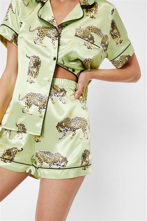 Cheetah Print Satin Pajama Shirt And Shorts Set Nasty Gal