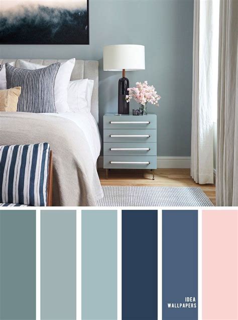 An accent wall is a great way to break up a space, especially in a living room with high ceilings. Beautiful Color Schemes For Your Bedroom { Sage + Navy Blue & Blush Accents } | Master bedroom ...