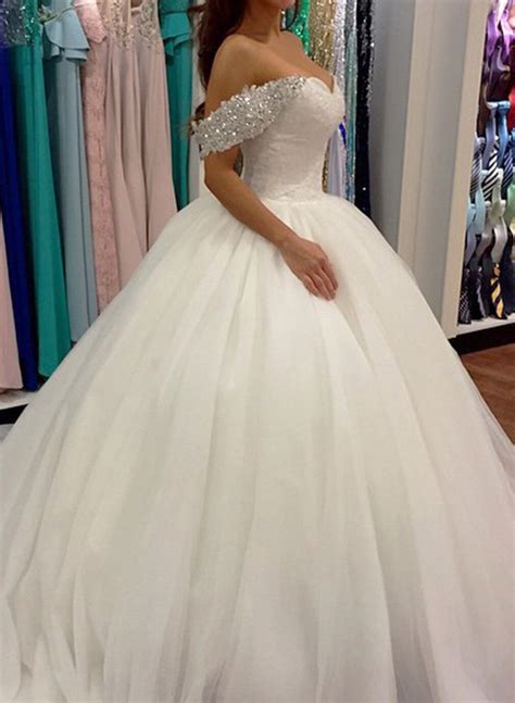 Lace Beading Off The Shoulder Tulle Ball Gown Wedding Dresses Cheap