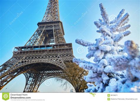 Arbre De Noël Couvert De Neige Près De Tour Eiffel à Paris Image Stock