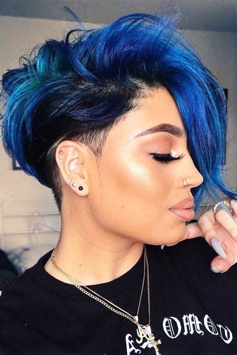 Blue Hair Shaved Sides Nose Ring Short Haircuts For