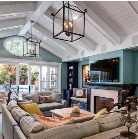 Buy canvas wall art blue landscape painting nature forest teal mountain river picture, rustic birch tree one panel 48x24 large artwork prints framed for living room bedroom home office wall décor: Cozy den wall color and black shelves | Brown living room, Comfy living room, Contemporary ...