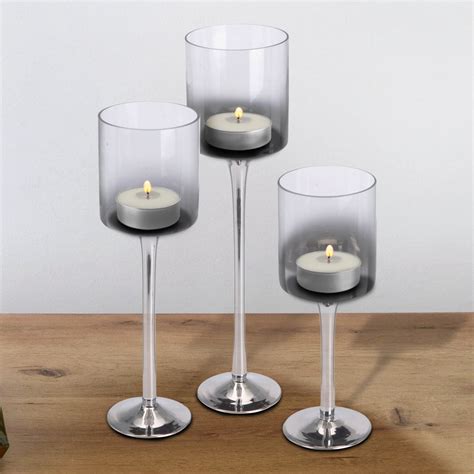 Tealight Candle Holders Set 3 Tall Silver Glass Large Wedding Party