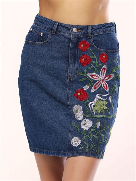 Refreshing Floral Embroidery Denim Skirt For Women Blue L In Skirts