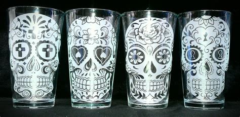 sugar skull custom etched 16 oz drinking glasses set of 4 etsy sugar skull drinking glasses
