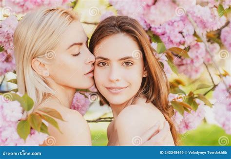 Spring Girls Face Beautiful Sensual Woman In Pink Flowers In Summer Blossom Park Lesbian