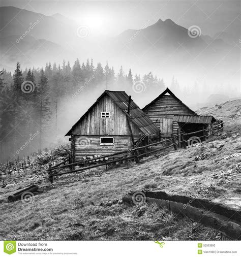 Mountain Carpathian Village Black And White Stock Photo
