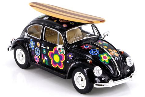 1967 Volkswagen Beetle Black W Surfboard And Flowers Kinsmart