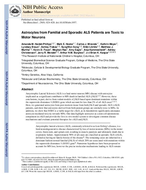 Pdf Astrocytes From Familial And Sporadic Als Patients Are Toxic To