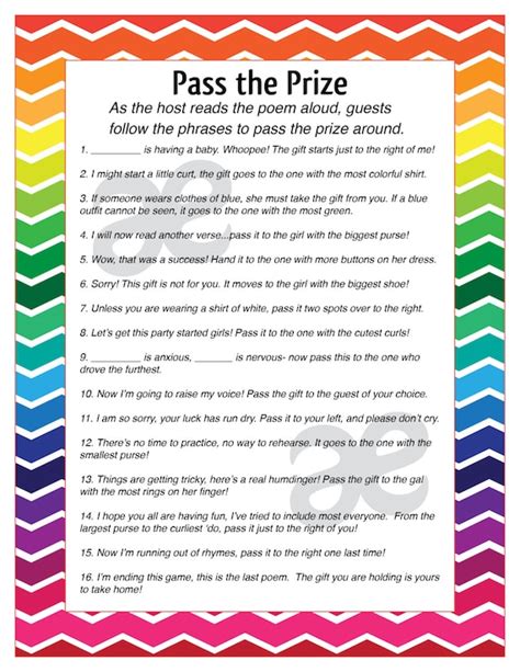 Printable Baby Shower Activity Pass The Prize Instant