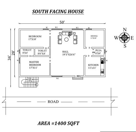 50x34 2bhk South Facing House Plan As Per Vastu Shastra Cad Drawing