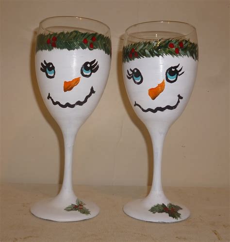 Snowmen Snow Lady Wine Glasses Set Of 2 Hand Painted By Mary Etsy