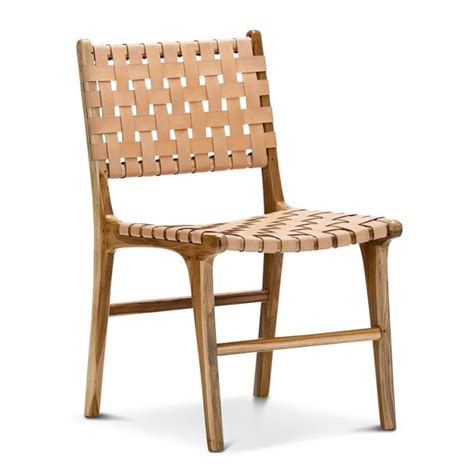Lazie Leather Strapping Dining Chair Teak And Natural Tan Set Of 2