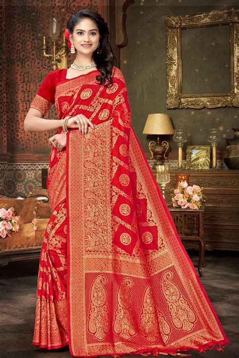 Karvachauth Special Red Kanjivaram Banarsi Silk Saree Embellished With